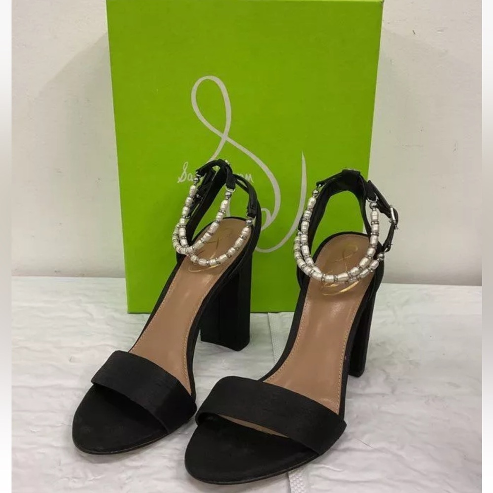 Sam Edelman Yaneli Black Fabric Heel Pumps Pearl & Rhinestone Ankle Strap Size 7